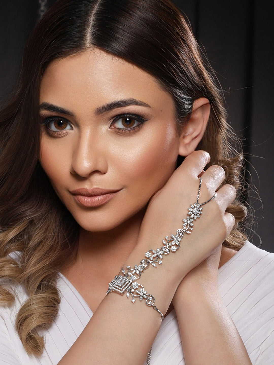 Silver Toned CZ Studded Floral Designer hathphool Ring bracelet